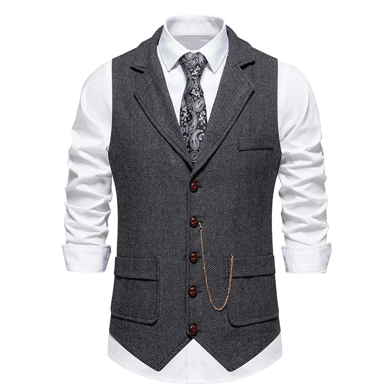 Men's British-Style Lapel Tweed Waistcoat Grey