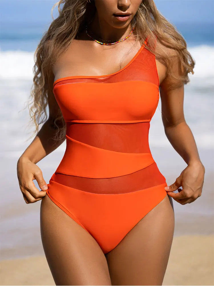 Women's One-Shoulder Mesh One-Piece Swimsuit in Orange