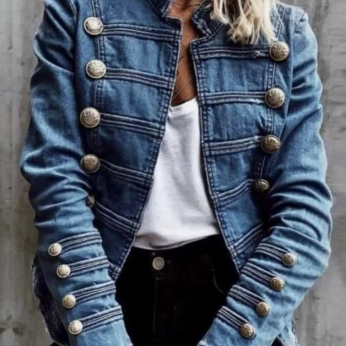 Blue Denim Women's Jacket with Button Decoration